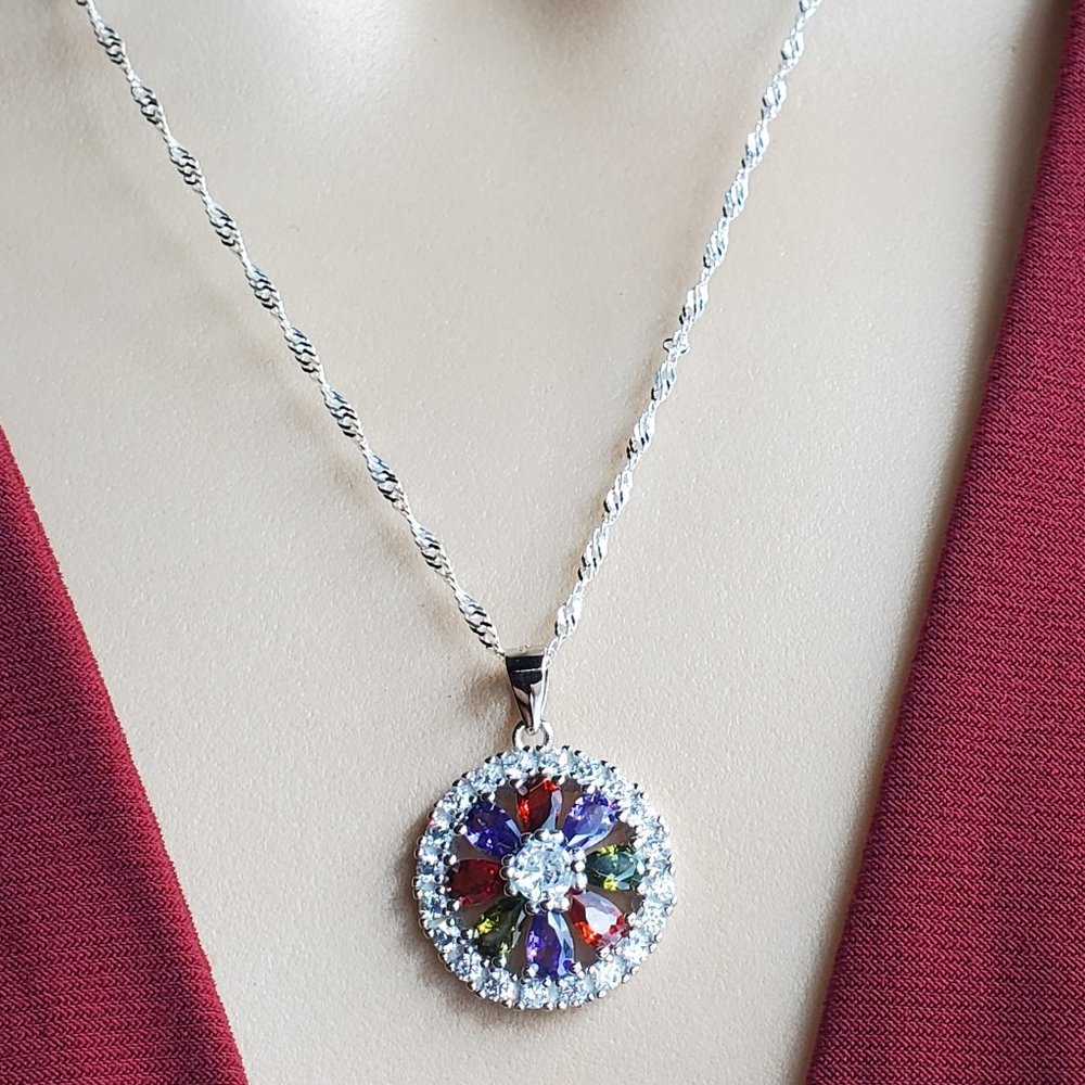 925 Solid Sterling Multi-Color Flower Pendant - image 1